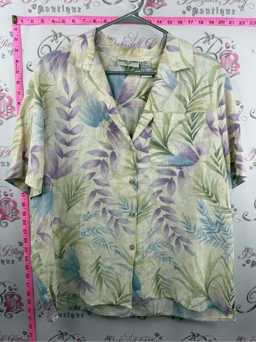 Alfred Dunner linen tiki top Pastel Leaf Print Short Sleeve Button-Down Top